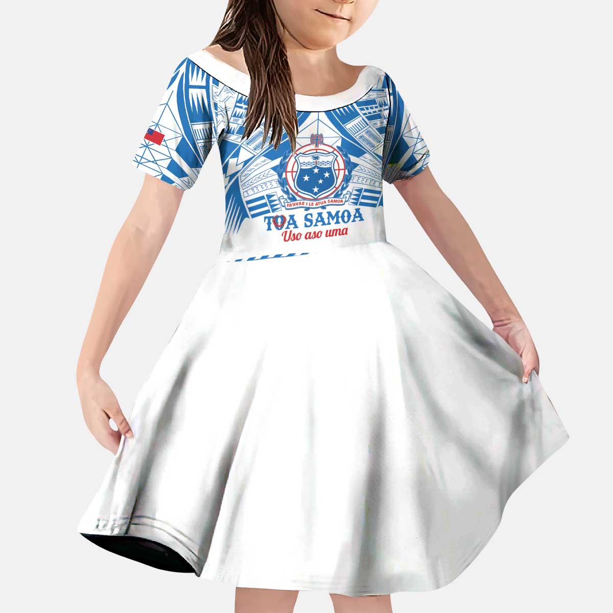 Toa Samoa Rugby Custom Kid Short Sleeve Dress Uso aso uma Samoan Pattern White - Polynesian Pride