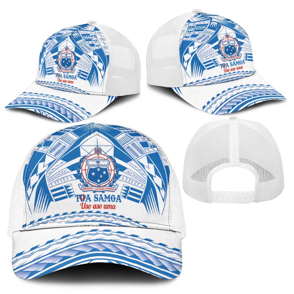 Toa Samoa Rugby Mesh Trucker Cap Uso aso uma Samoan Pattern White - Polynesian Pride