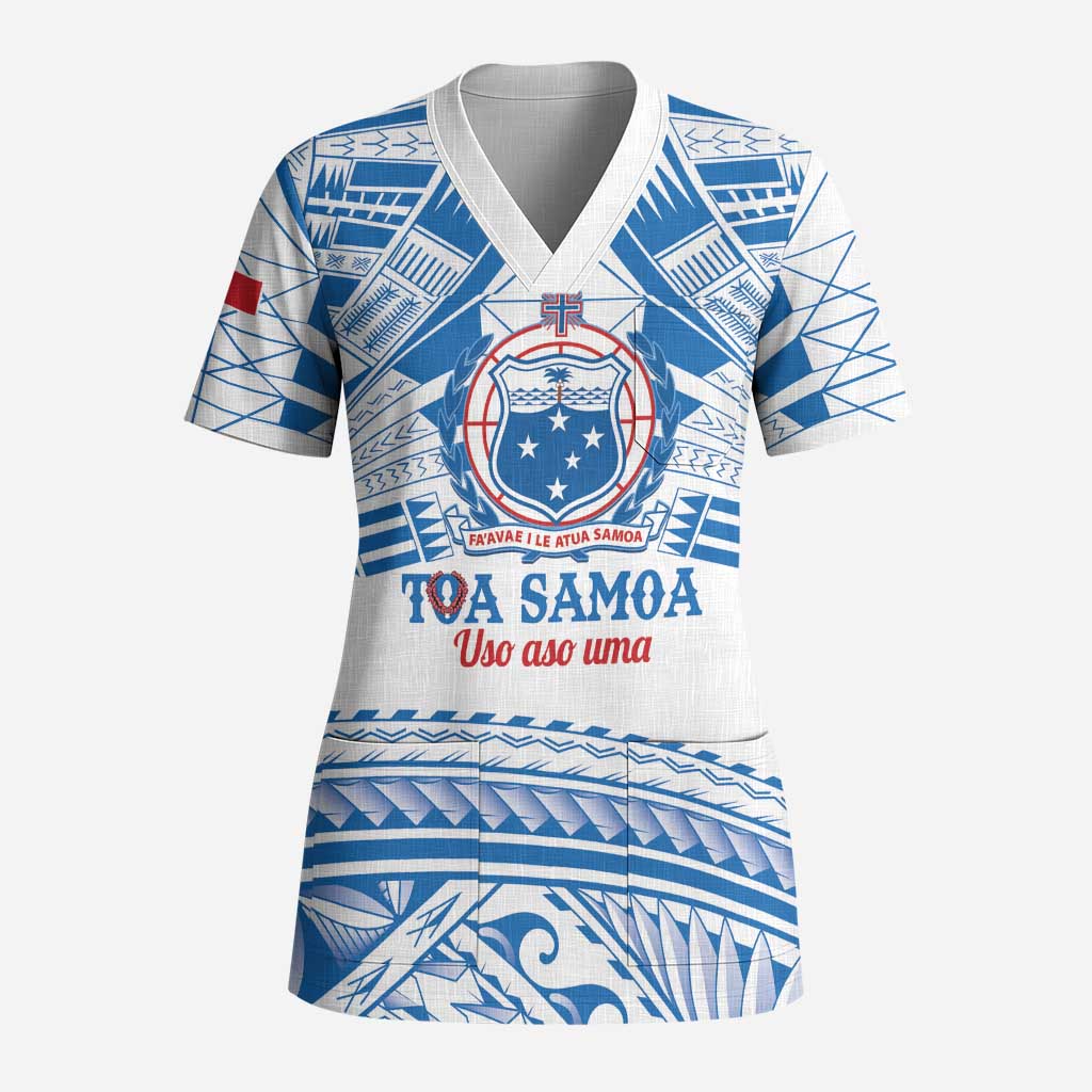 Toa Samoa Rugby Custom Scrub Top Uso aso uma Samoan Pattern White - Polynesian Pride
