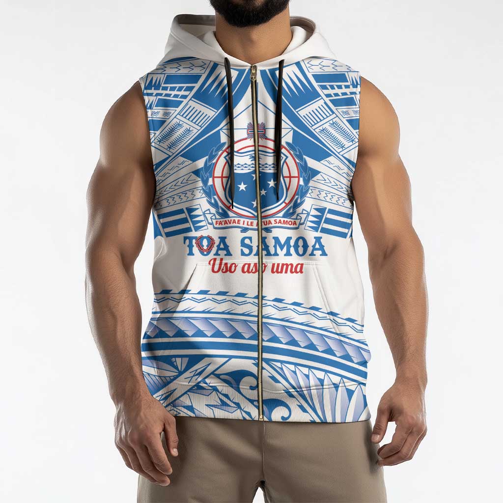 Toa Samoa Rugby Custom Sleeveless Zip Hoodie Uso aso uma Samoan Pattern White - Polynesian Pride