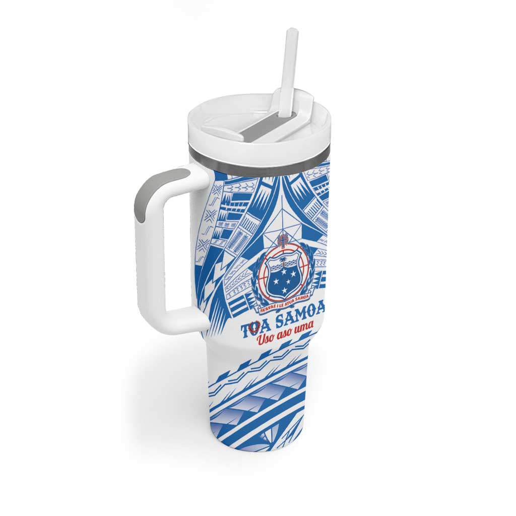 Toa Samoa Rugby Custom Tumbler With Handle Uso aso uma Samoan Pattern White - Polynesian Pride