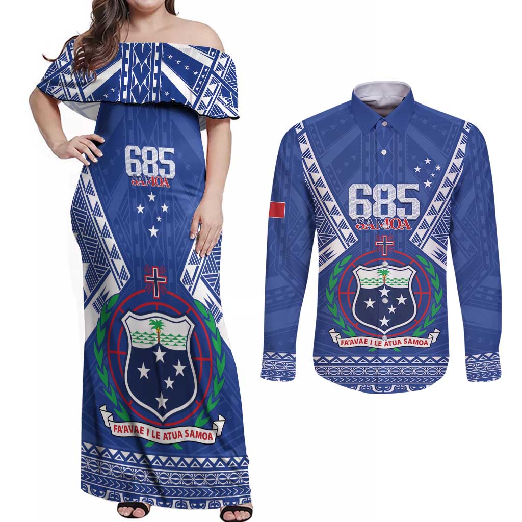 Personalised Samoa 685 Couples Matching Off Shoulder Maxi Dress and Long Sleeve Button Shirt Samoan Pride Coat Of Arms LT14 Blue - Polynesian Pride