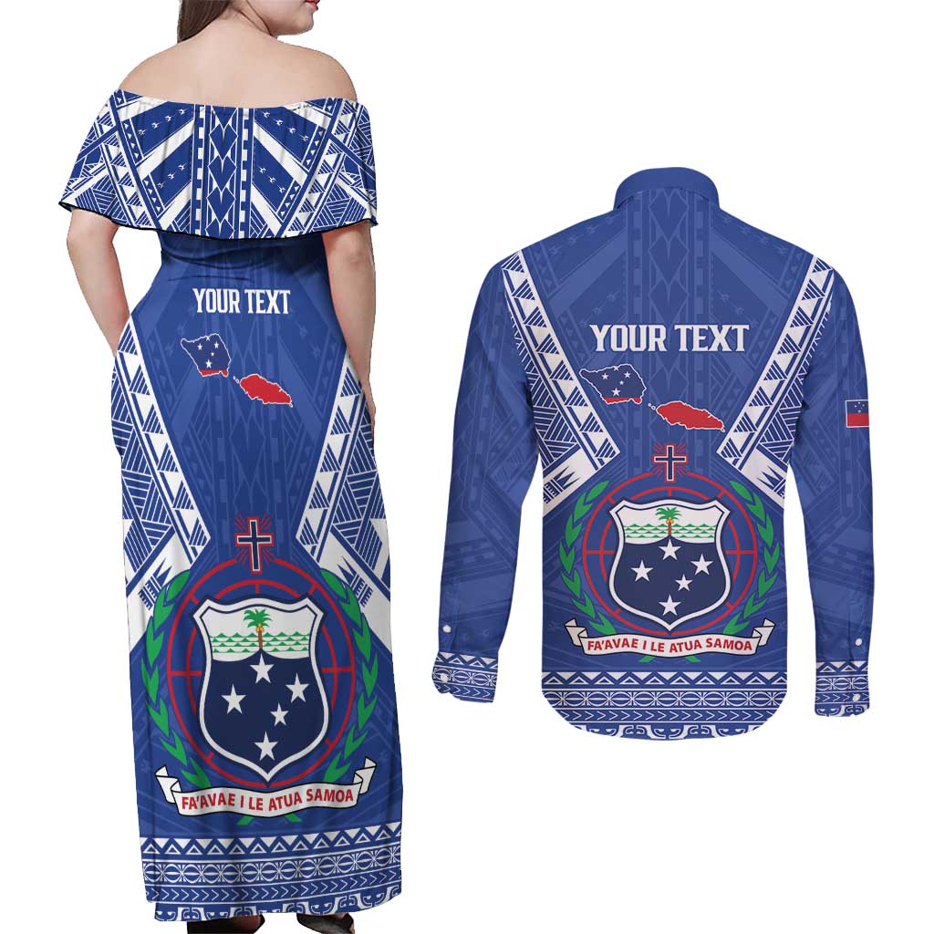 Personalised Samoa 685 Couples Matching Off Shoulder Maxi Dress and Long Sleeve Button Shirt Samoan Pride Coat Of Arms LT14 - Polynesian Pride