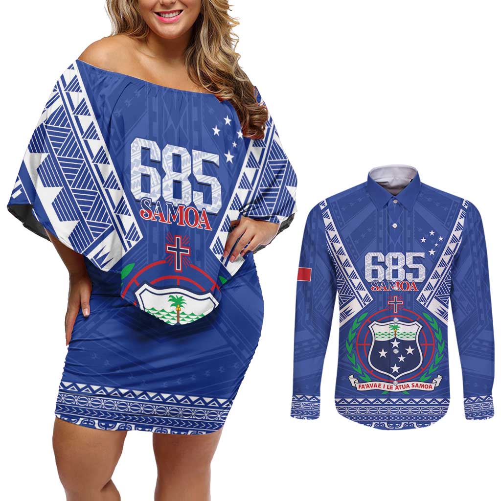 Personalised Samoa 685 Couples Matching Off Shoulder Short Dress and Long Sleeve Button Shirt Samoan Pride Coat Of Arms LT14 Blue - Polynesian Pride