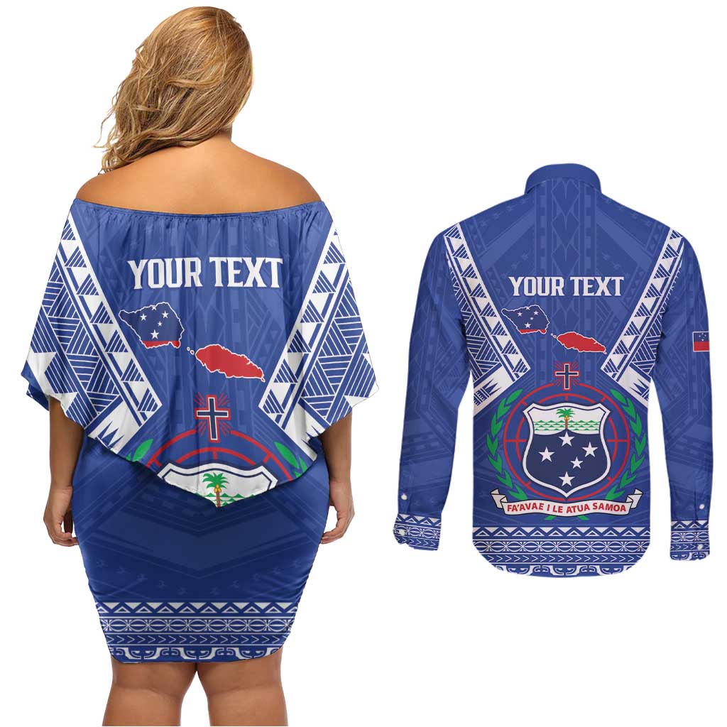 Personalised Samoa 685 Couples Matching Off Shoulder Short Dress and Long Sleeve Button Shirt Samoan Pride Coat Of Arms LT14 - Polynesian Pride