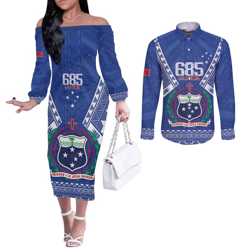 Personalised Samoa 685 Couples Matching Off The Shoulder Long Sleeve Dress and Long Sleeve Button Shirt Samoan Pride Coat Of Arms LT14 Blue - Polynesian Pride