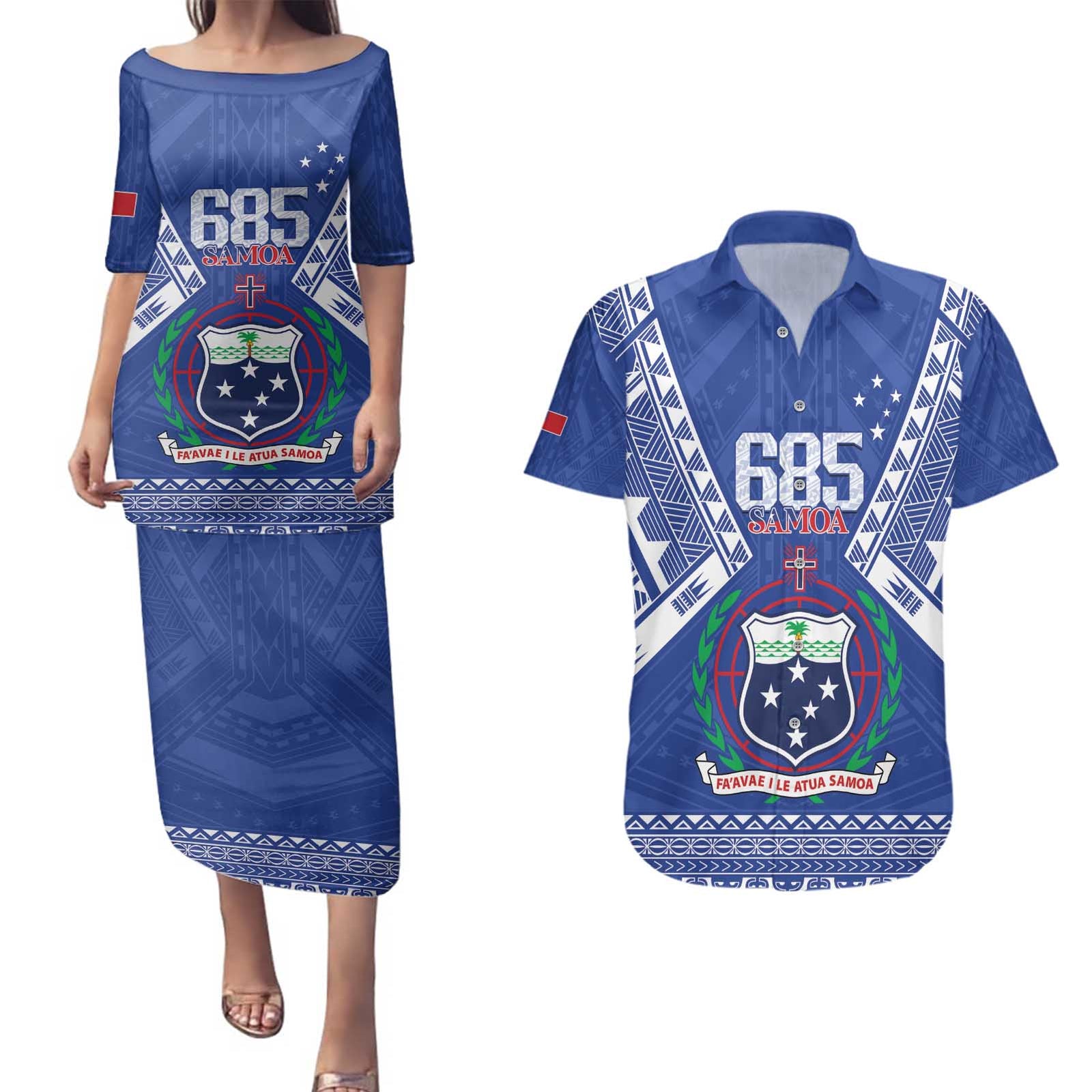 Personalised Samoa 685 Couples Matching Puletasi and Hawaiian Shirt Samoan Pride Coat Of Arms LT14 Blue - Polynesian Pride