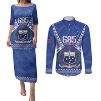 Personalised Samoa 685 Couples Matching Puletasi and Long Sleeve Button Shirt Samoan Pride Coat Of Arms LT14 Blue - Polynesian Pride