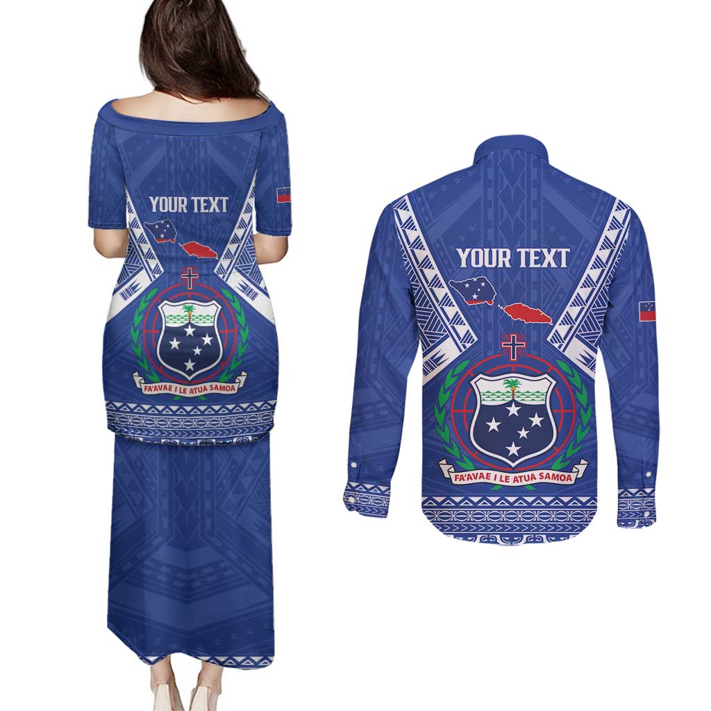 Personalised Samoa 685 Couples Matching Puletasi and Long Sleeve Button Shirt Samoan Pride Coat Of Arms LT14 - Polynesian Pride