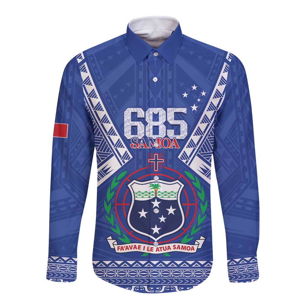 Personalised Samoa 685 Long Sleeve Button Shirt Samoan Pride Coat Of Arms LT14 Unisex Blue - Polynesian Pride