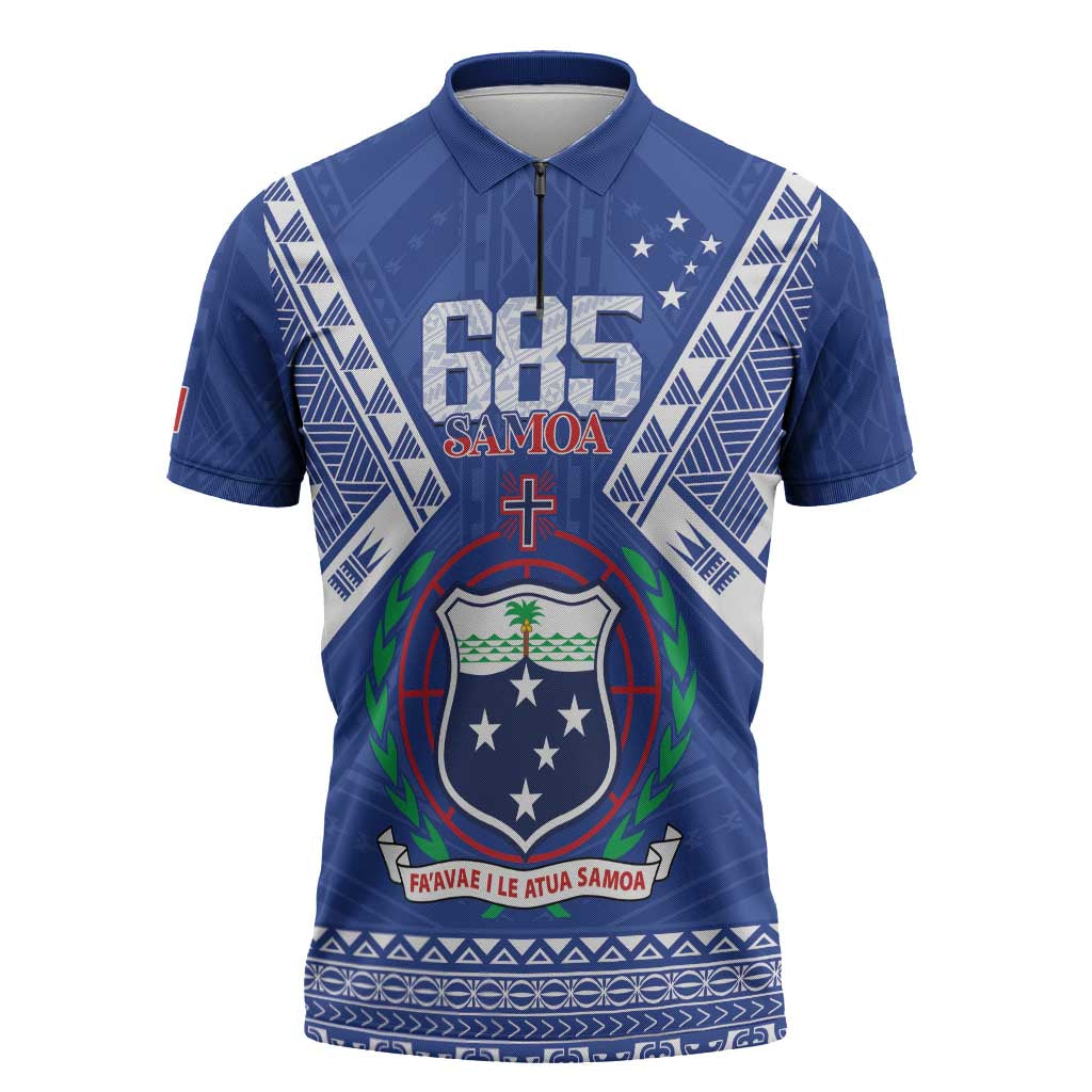 Personalised Samoa 685 Zipper Polo Shirt Samoan Pride Coat Of Arms LT14 Blue - Polynesian Pride