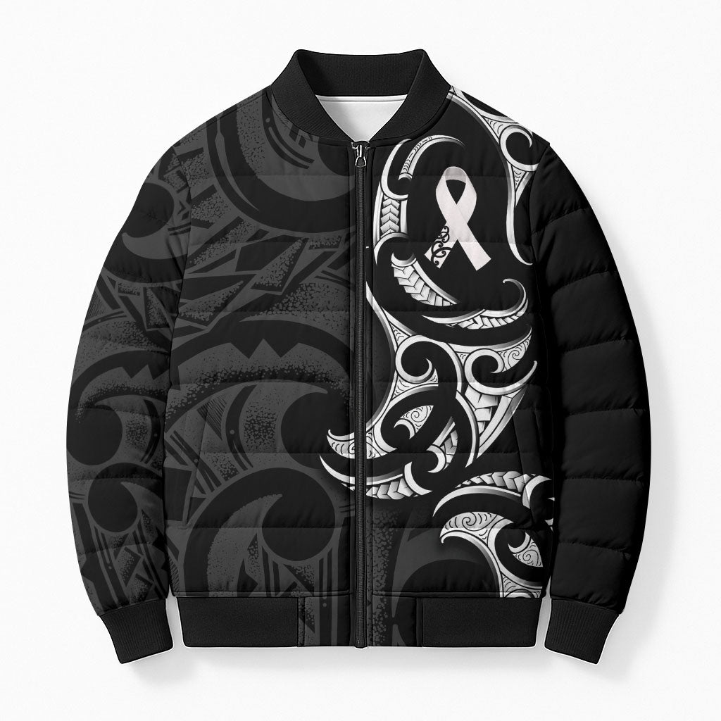 White Ribbon Day New Zealand Bomber Puffer Jacket Aotearoa Maori Pattern LT14 Unisex Black - Polynesian Pride