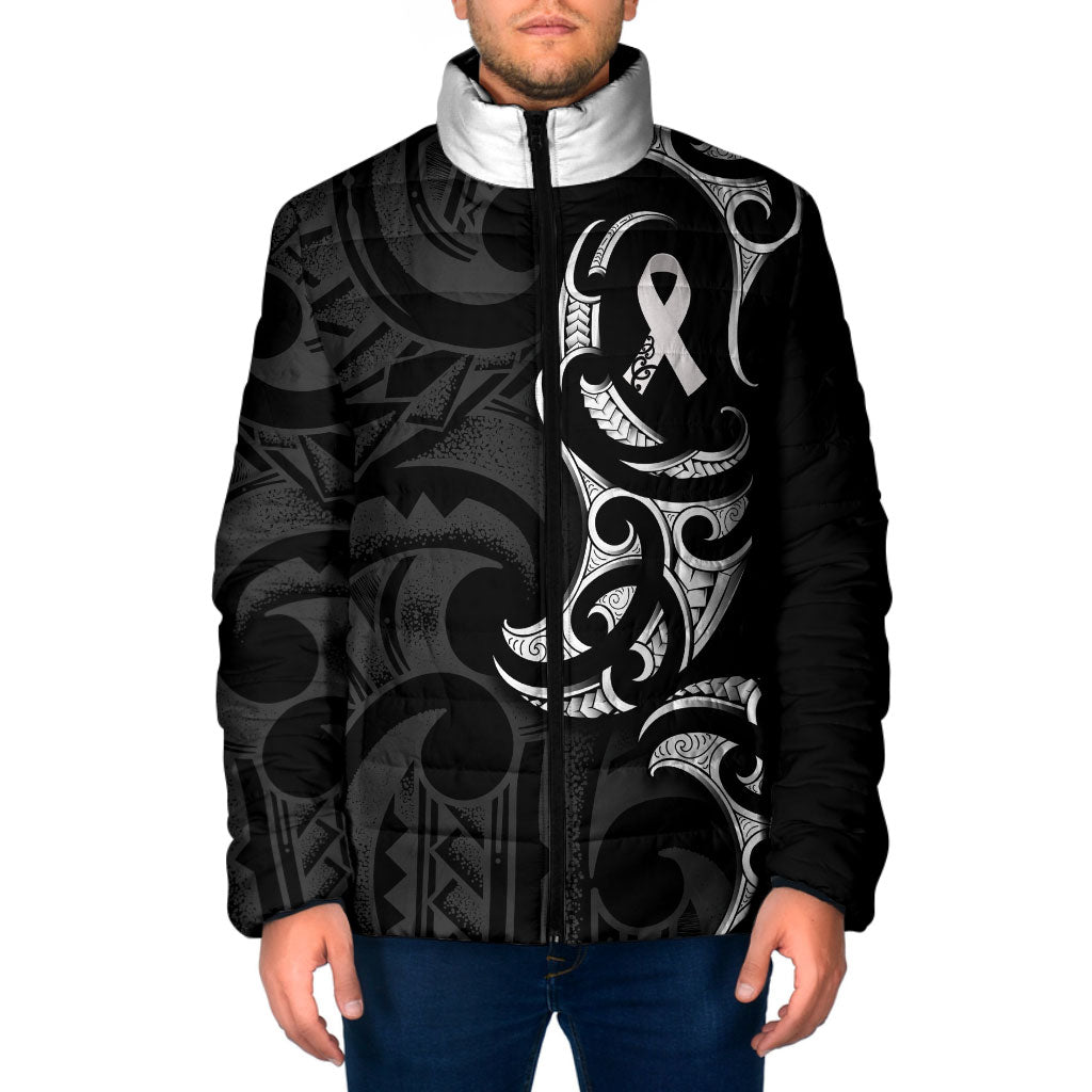 White Ribbon Day New Zealand Padded Jacket Aotearoa Maori Pattern LT14 Men Black - Polynesian Pride