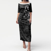 White Ribbon Day New Zealand Puletasi Aotearoa Maori Pattern LT14 Long Dress Black - Polynesian Pride