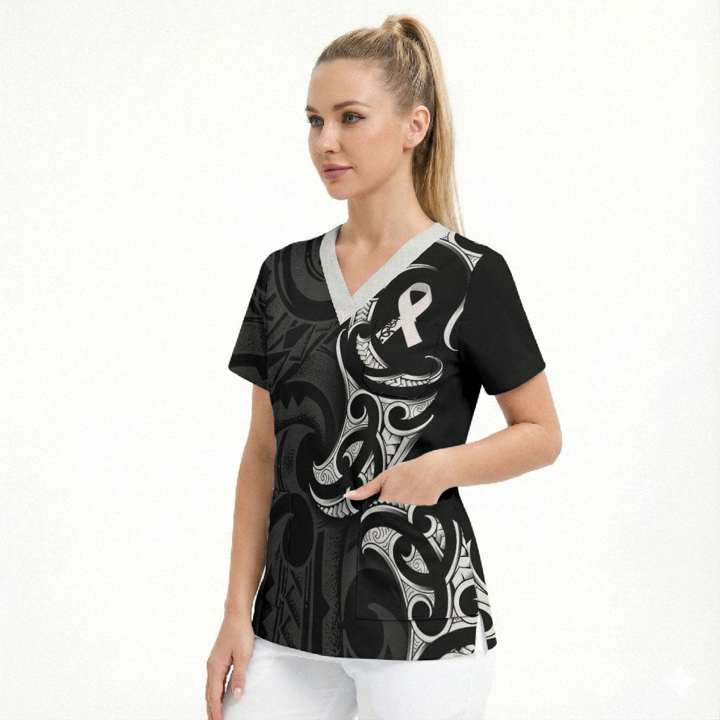 White Ribbon Day New Zealand Scrub Top Aotearoa Maori Pattern LT14 - Polynesian Pride