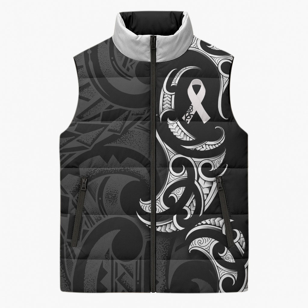 White Ribbon Day New Zealand Sleeveless Puffer Jacket Aotearoa Maori Pattern LT14 Unisex Black - Polynesian Pride