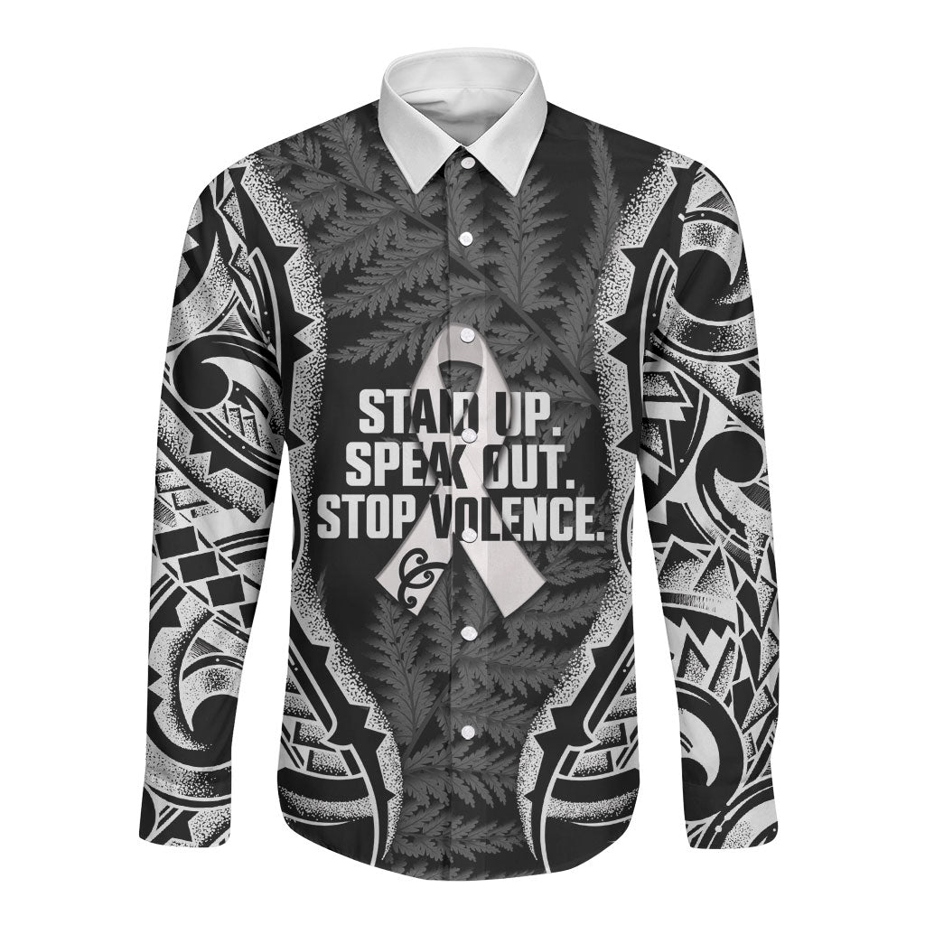 White Ribbon Day New Zealand Long Sleeve Button Shirt Respect Women Maori Pattern Black LT14 Unisex Black - Polynesian Pride