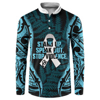 White Ribbon Day New Zealand Button Sweatshirt Respect Women Maori Pattern Blue LT14 Blue - Polynesian Pride