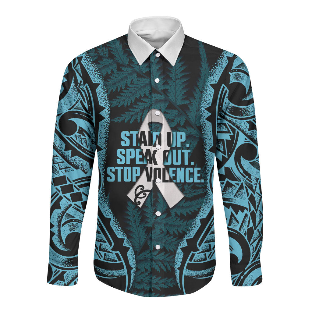 White Ribbon Day New Zealand Long Sleeve Button Shirt Respect Women Maori Pattern Blue LT14 Unisex Blue - Polynesian Pride