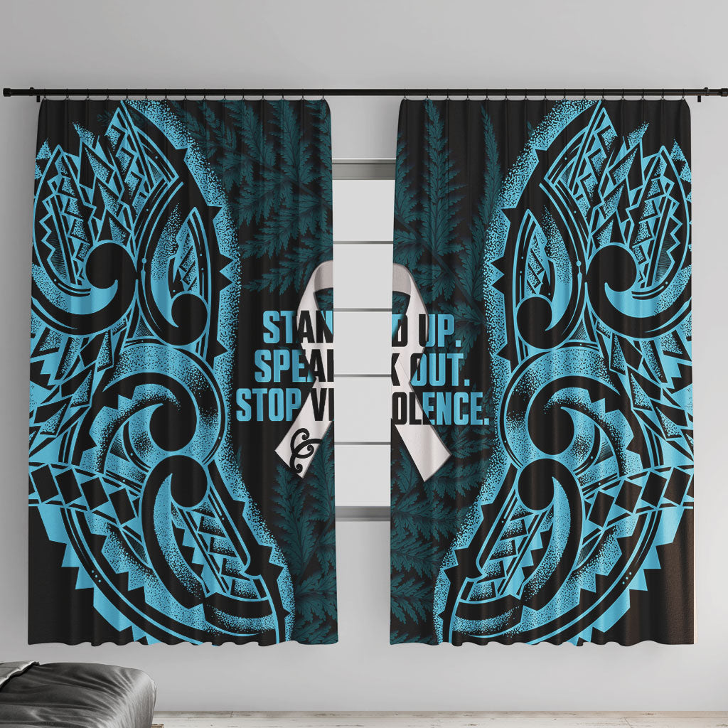 White Ribbon Day New Zealand Window Curtain Respect Women Maori Pattern Blue LT14 With Hooks Blue - Polynesian Pride