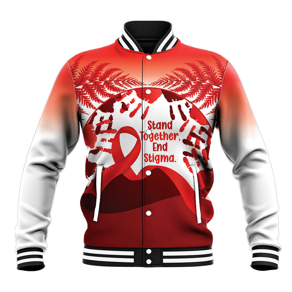 Red Ribbon Day New Zealand Baseball Jacket Stand Together End Stigma NZ Fern LT14 Unisex Red - Polynesian Pride