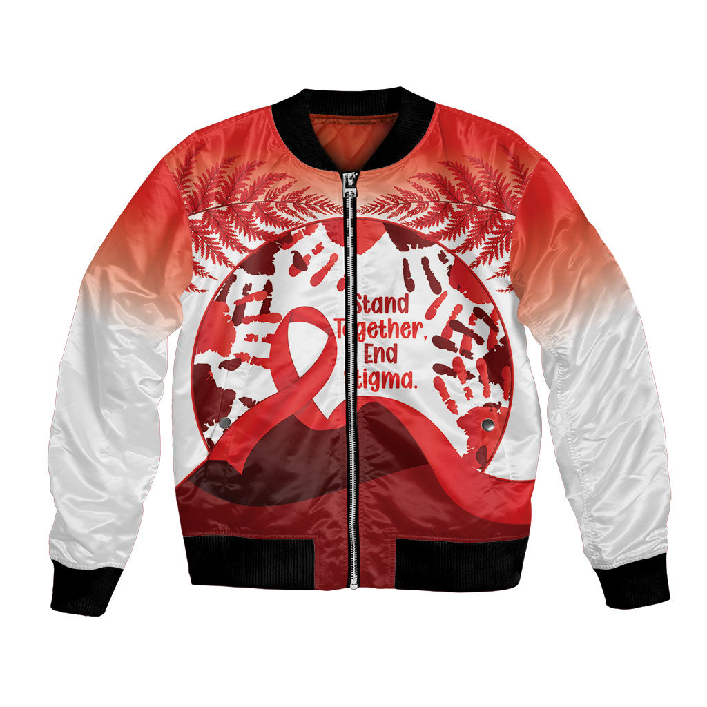 Red Ribbon Day New Zealand Bomber Jacket Stand Together End Stigma NZ Fern LT14 Unisex Red - Polynesian Pride