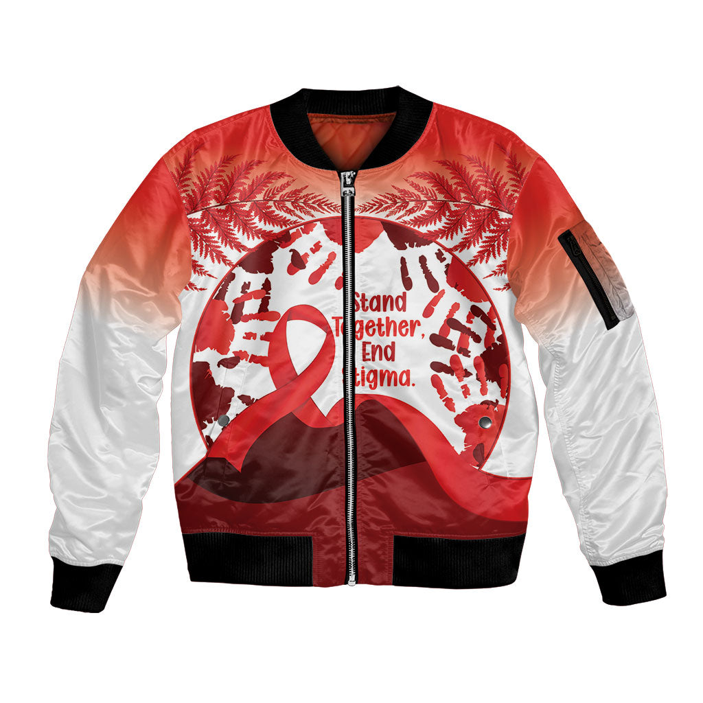Red Ribbon Day New Zealand Sleeve Zip Bomber Jacket Stand Together End Stigma NZ Fern LT14 Unisex Red - Polynesian Pride