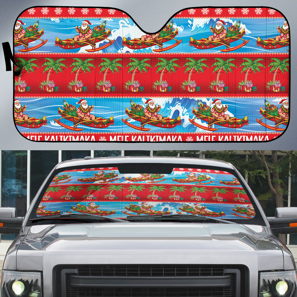 Hawaii Mele Kalikimaka Auto Sun Shade Outrigger Canoe Santa Festive Palm Seamless LT14 Red - Polynesian Pride