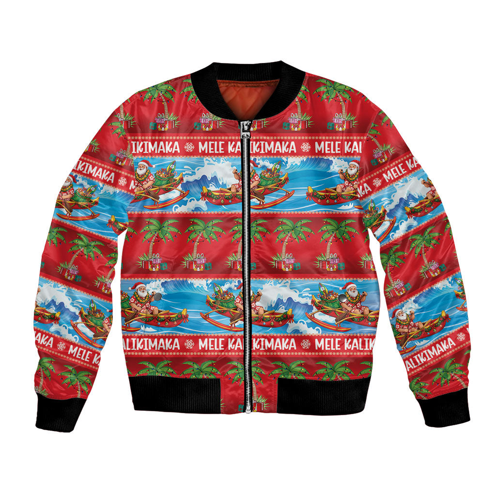 Hawaii Mele Kalikimaka Bomber Jacket Outrigger Canoe Santa Festive Palm Seamless LT14 Unisex Red - Polynesian Pride