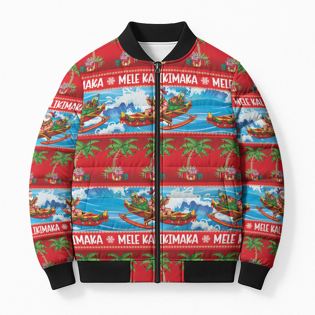 Hawaii Mele Kalikimaka Bomber Puffer Jacket Outrigger Canoe Santa Festive Palm Seamless LT14 Unisex Red - Polynesian Pride