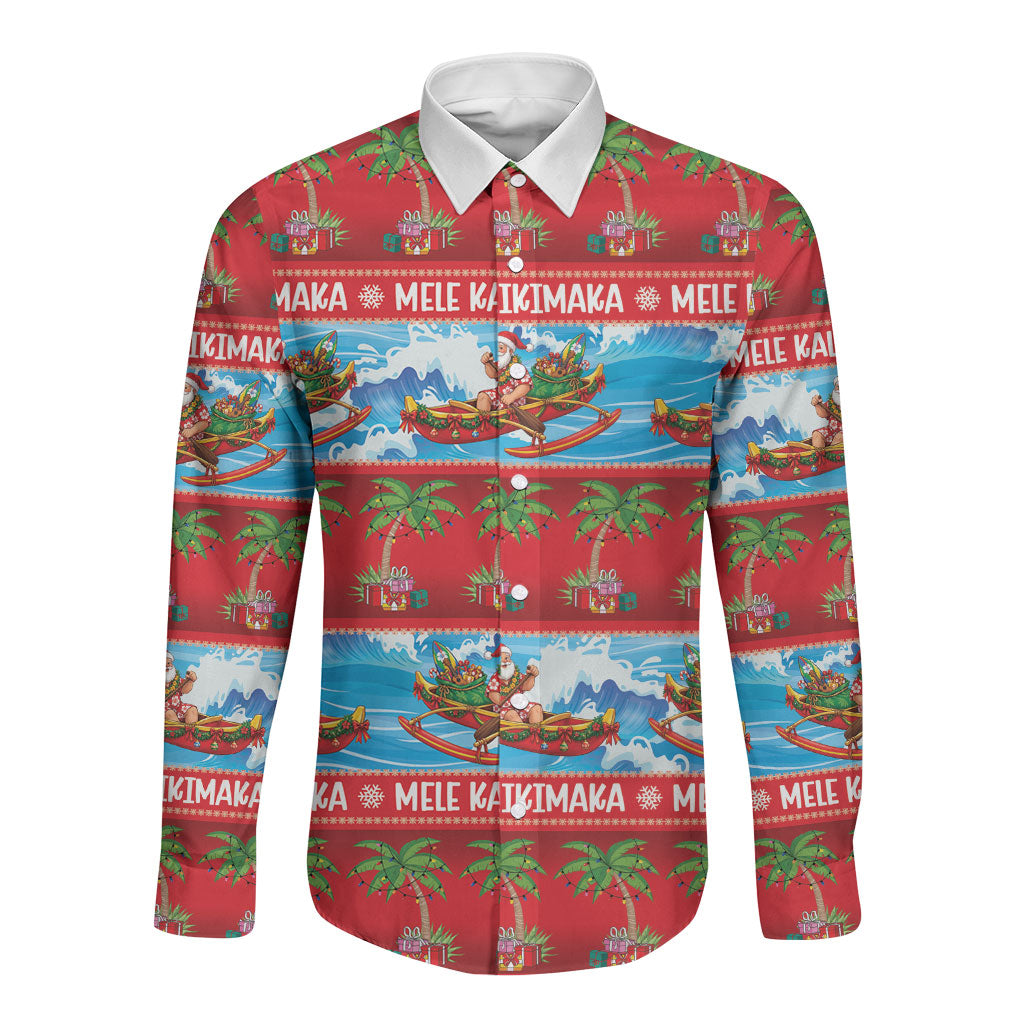 Hawaii Mele Kalikimaka Long Sleeve Button Shirt Outrigger Canoe Santa Festive Palm Seamless LT14 Unisex Red - Polynesian Pride