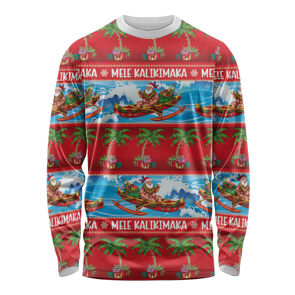 Hawaii Mele Kalikimaka Long Sleeve Shirt Outrigger Canoe Santa Festive Palm Seamless LT14 Unisex Red - Polynesian Pride