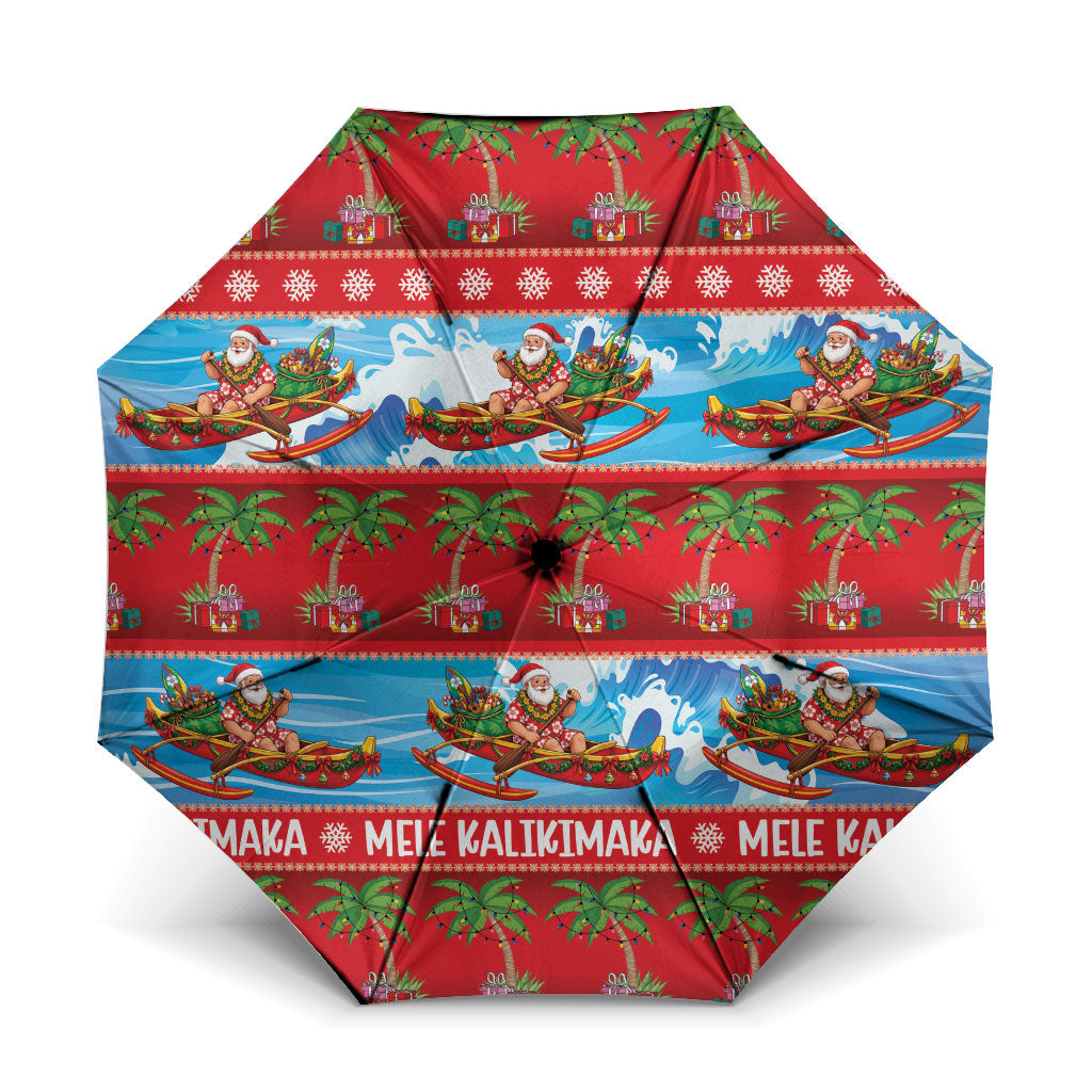 Hawaii Mele Kalikimaka Umbrella Outrigger Canoe Santa Festive Palm Seamless LT14 One Size Folded 11.42 inch Opened Diameter 37.4 inch Red - Polynesian Pride