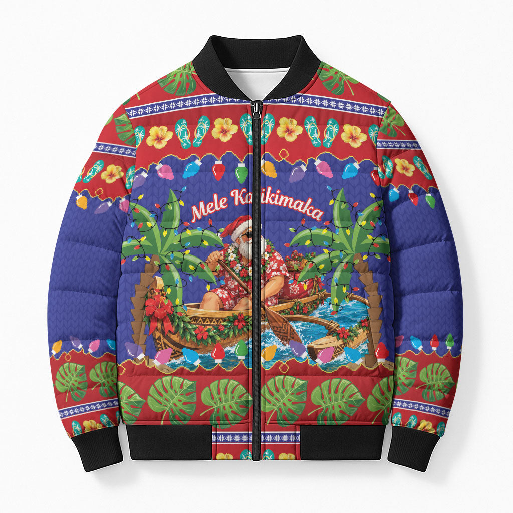 Santa Claus In Outrigger Canoe Hawaii Christmas Bomber Puffer Jacket Mele Kalikimaka Hawaiian Tropical Vibes LT14 Unisex Blue - Polynesian Pride