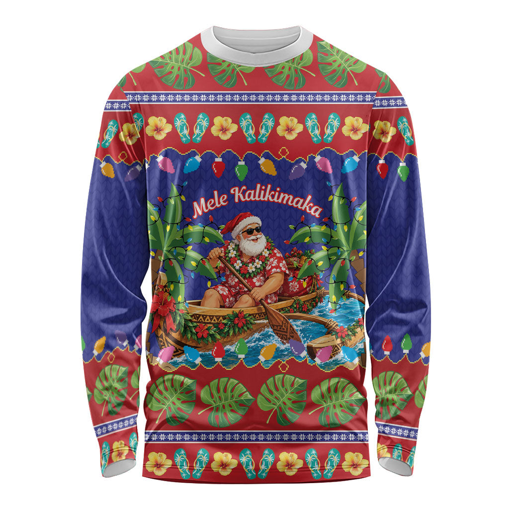 Santa Claus In Outrigger Canoe Hawaii Christmas Long Sleeve Shirt Mele Kalikimaka Hawaiian Tropical Vibes LT14 Unisex Blue - Polynesian Pride