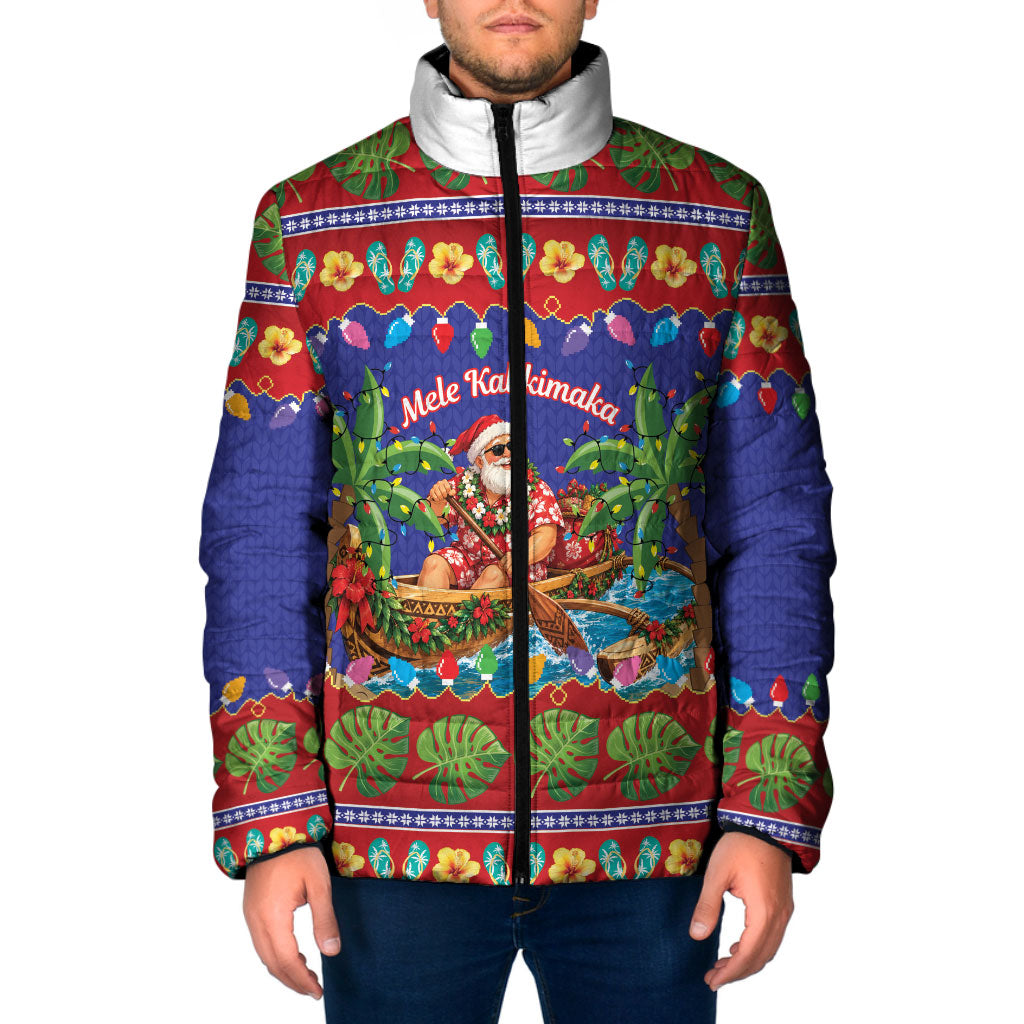 Santa Claus In Outrigger Canoe Hawaii Christmas Padded Jacket Mele Kalikimaka Hawaiian Tropical Vibes LT14 Men Blue - Polynesian Pride