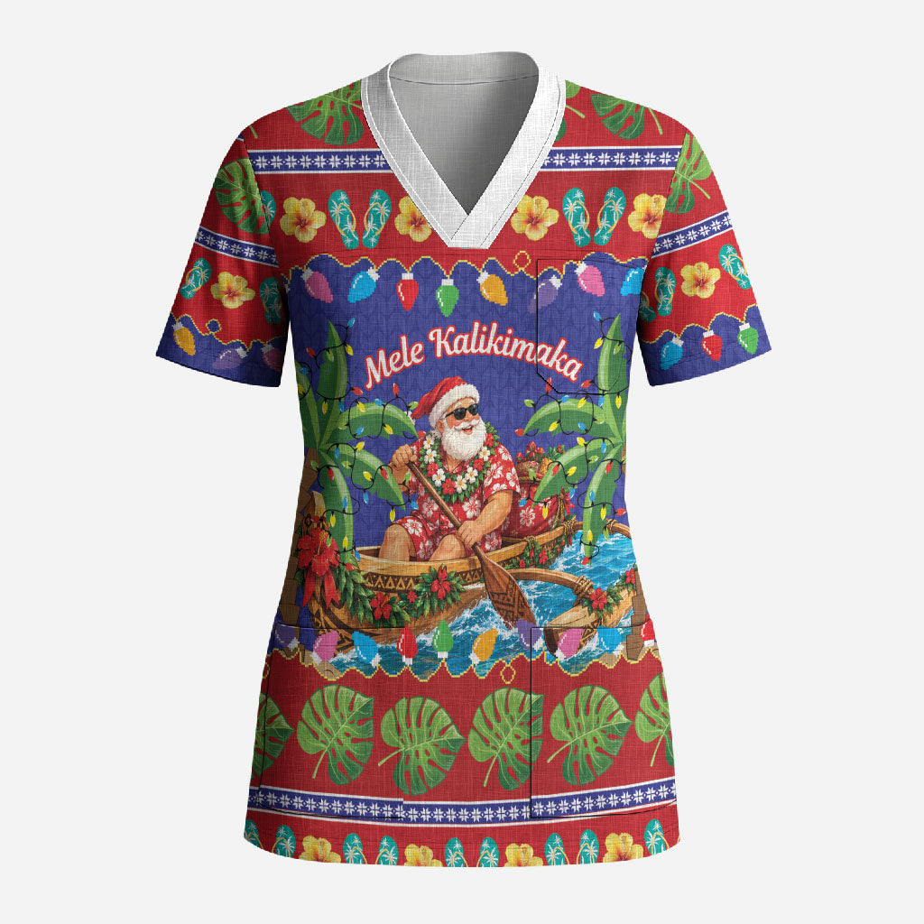 Santa Claus In Outrigger Canoe Hawaii Christmas Scrub Top Mele Kalikimaka Hawaiian Tropical Vibes LT14 Adult Blue - Polynesian Pride