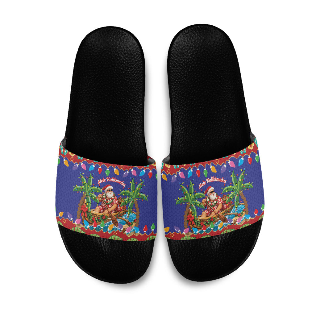 Santa Claus In Outrigger Canoe Hawaii Christmas Slide Sandals Mele Kalikimaka Hawaiian Tropical Vibes LT14 Blue - Polynesian Pride
