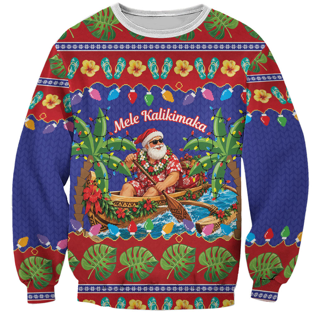 Santa Claus In Outrigger Canoe Hawaii Christmas Sweatshirt Mele Kalikimaka Hawaiian Tropical Vibes LT14 Unisex Blue - Polynesian Pride
