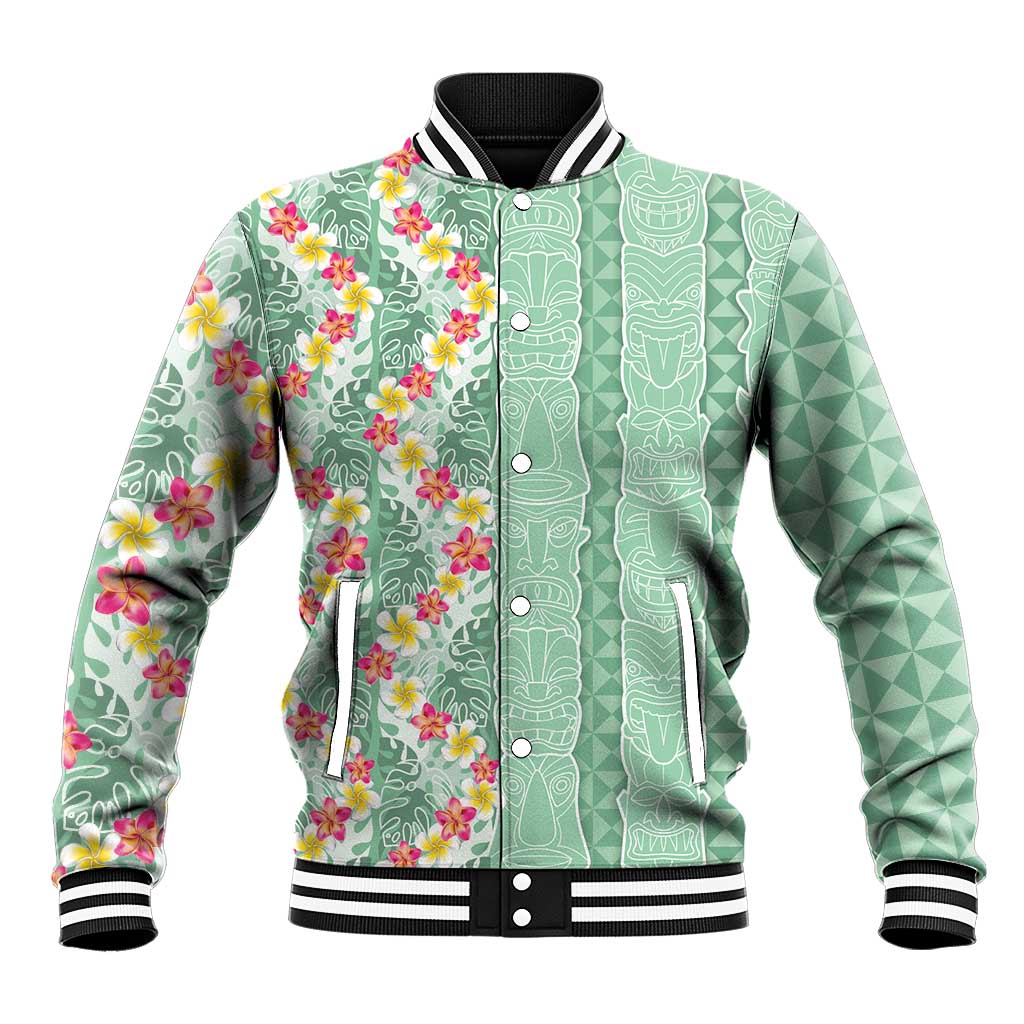 Menthol Green Aloha Hawaii Tiki Baseball Jacket Tropical Plumeria - Seamless Style LT14 Unisex Green - Polynesian Pride