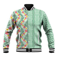 Menthol Green Aloha Hawaii Tiki Baseball Jacket Tropical Plumeria - Seamless Style LT14 Unisex Green - Polynesian Pride