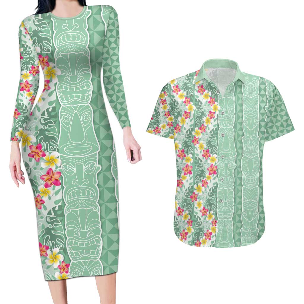 Menthol Green Aloha Hawaii Tiki Couples Matching Long Sleeve Bodycon Dress and Hawaiian Shirt Tropical Plumeria - Seamless Style