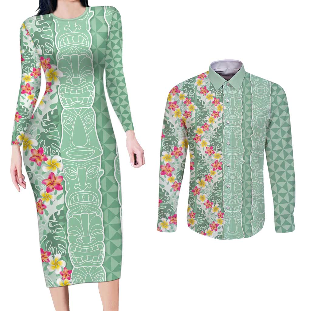 Menthol Green Aloha Hawaii Tiki Couples Matching Long Sleeve Bodycon Dress and Long Sleeve Button Shirt Tropical Plumeria - Seamless Style LT14 Green - Polynesian Pride