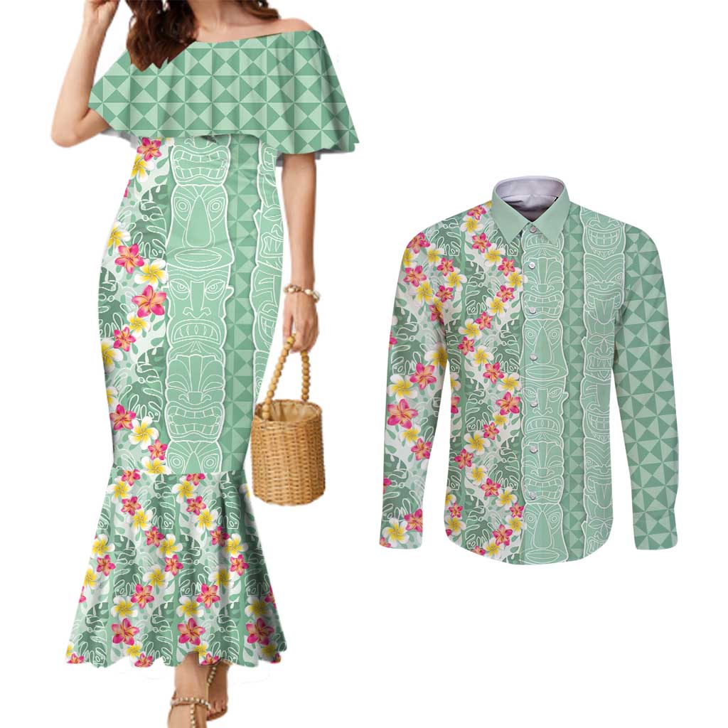 Menthol Green Aloha Hawaii Tiki Couples Matching Mermaid Dress and Long Sleeve Button Shirt Tropical Plumeria - Seamless Style LT14 Green - Polynesian Pride
