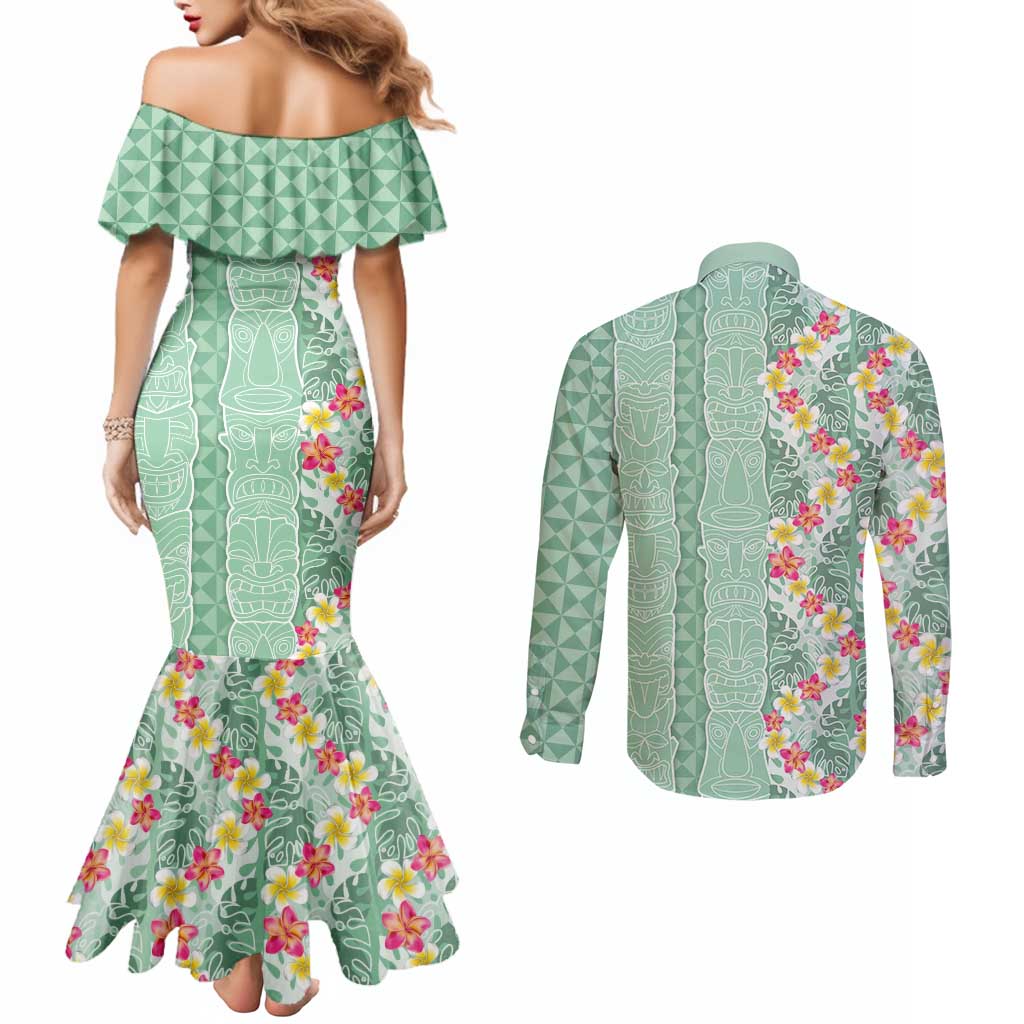 Menthol Green Aloha Hawaii Tiki Couples Matching Mermaid Dress and Long Sleeve Button Shirt Tropical Plumeria - Seamless Style
