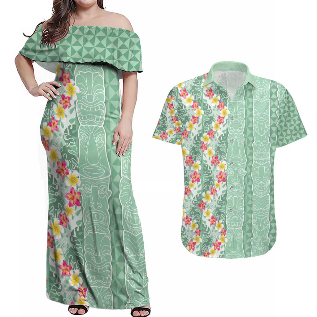 Menthol Green Aloha Hawaii Tiki Couples Matching Off Shoulder Maxi Dress and Hawaiian Shirt Tropical Plumeria - Seamless Style