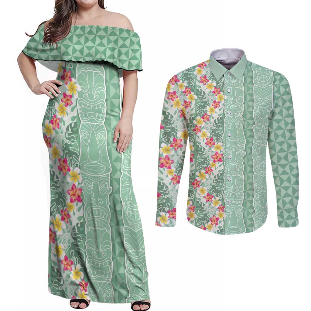 Menthol Green Aloha Hawaii Tiki Couples Matching Off Shoulder Maxi Dress and Long Sleeve Button Shirt Tropical Plumeria - Seamless Style LT14 Green - Polynesian Pride