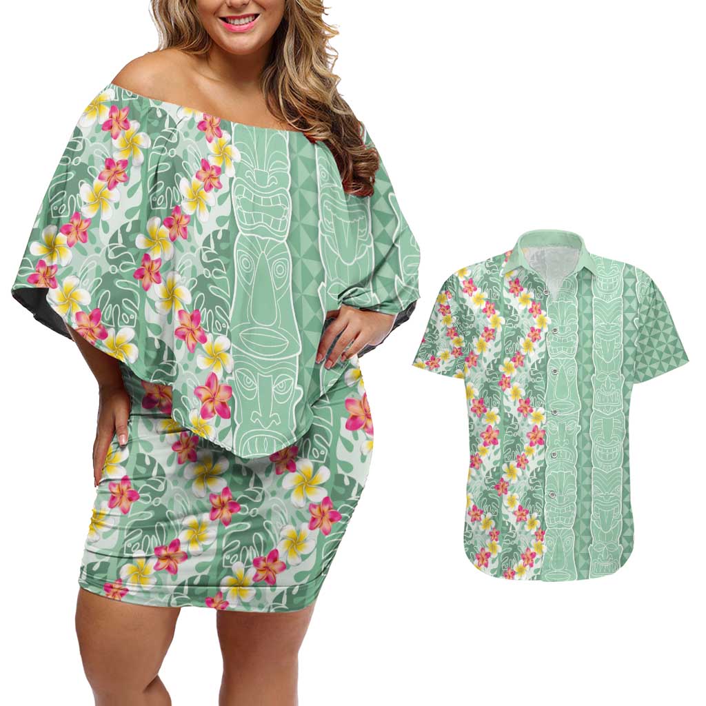 Menthol Green Aloha Hawaii Tiki Couples Matching Off Shoulder Short Dress and Hawaiian Shirt Tropical Plumeria - Seamless Style LT14 Green - Polynesian Pride