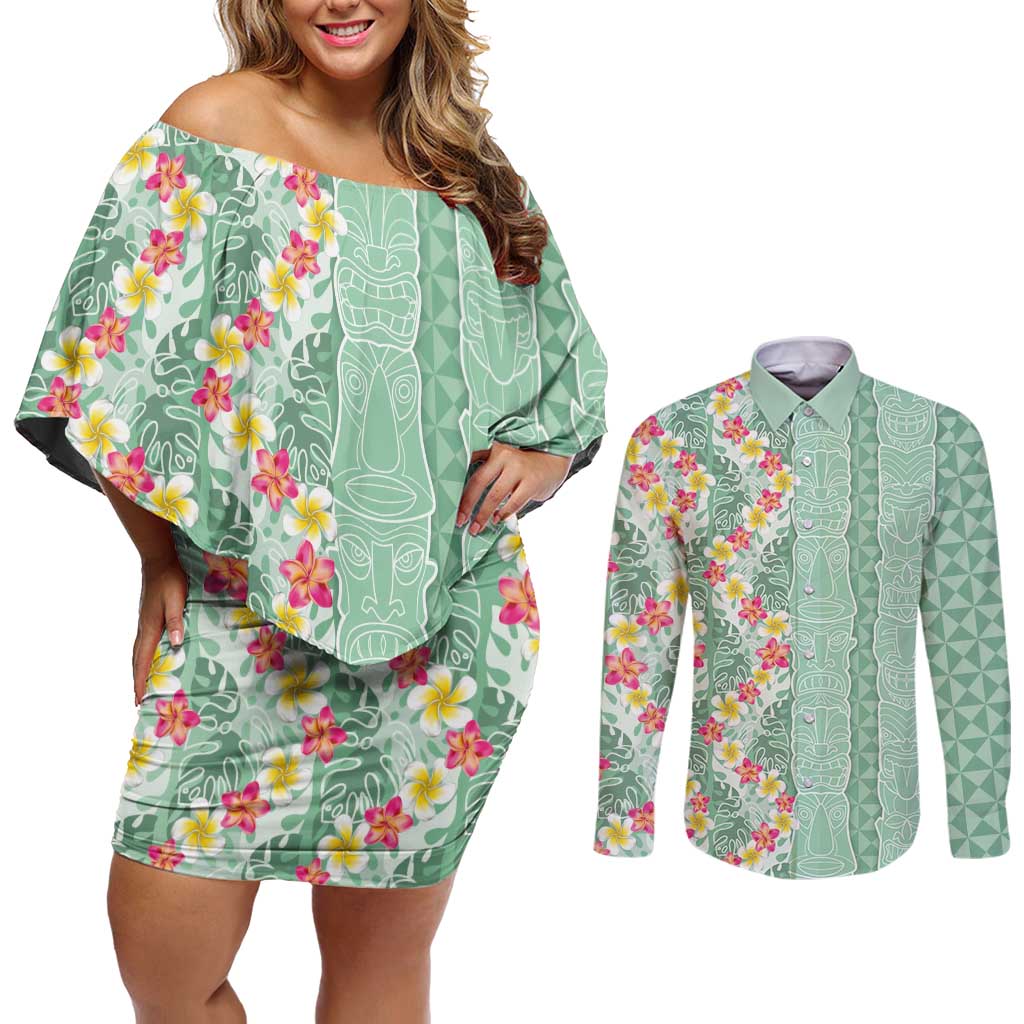Menthol Green Aloha Hawaii Tiki Couples Matching Off Shoulder Short Dress and Long Sleeve Button Shirt Tropical Plumeria - Seamless Style LT14 Green - Polynesian Pride