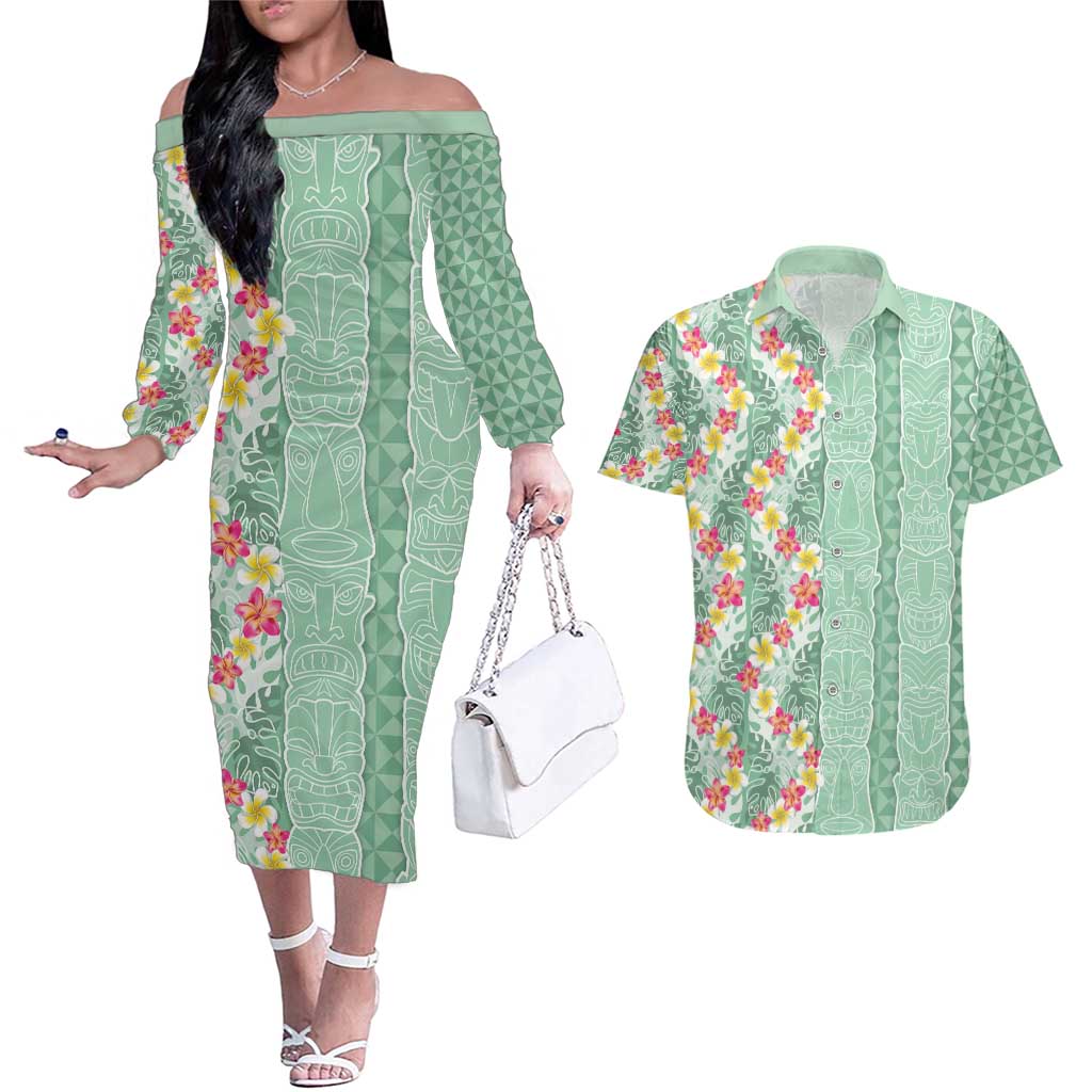 Menthol Green Aloha Hawaii Tiki Couples Matching Off The Shoulder Long Sleeve Dress and Hawaiian Shirt Tropical Plumeria - Seamless Style